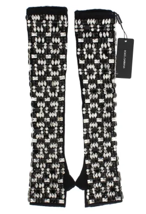 Black Cashmere Crystal Finger Less Gloves