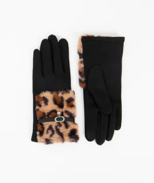 Black Faux Suede Gloves with Deep Leopard Print Faux Fur Cuffs