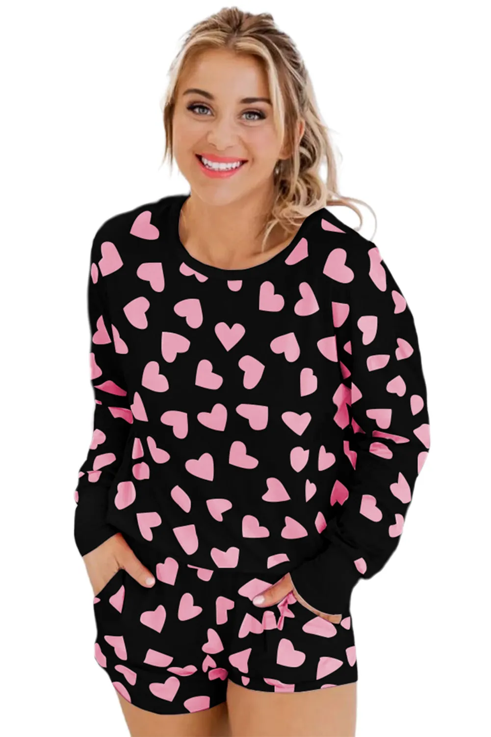 Black Heart Shape Print Long Sleeve Top Shorts Lounge Set