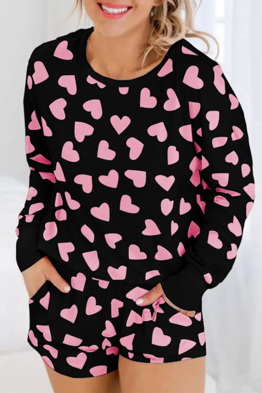 Black Heart Shape Print Long Sleeve Top Shorts Lounge Set