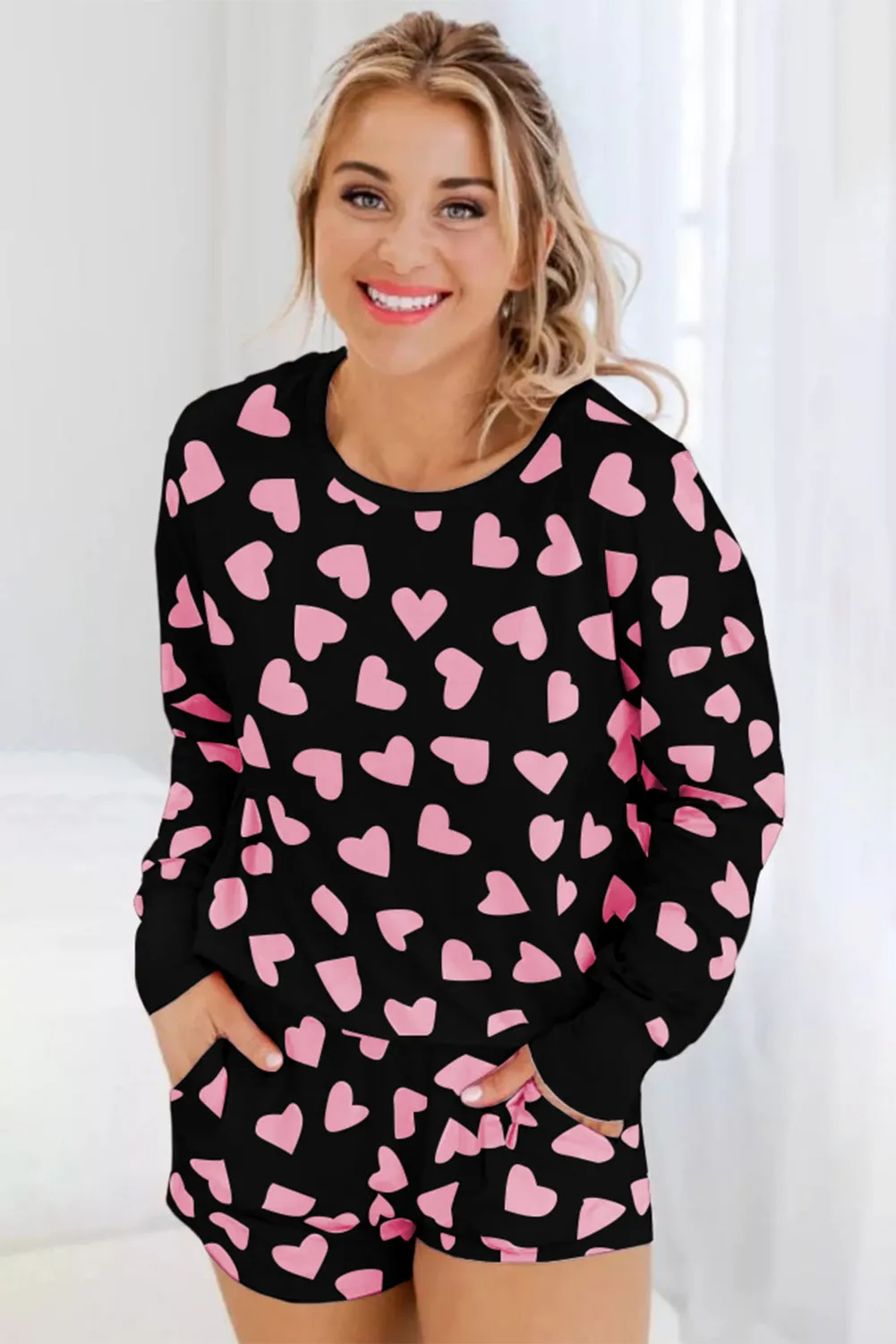 Black Heart Shape Print Long Sleeve Top Shorts Lounge Set