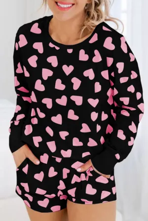 Black Heart Shape Print Long Sleeve Top Shorts Lounge Set