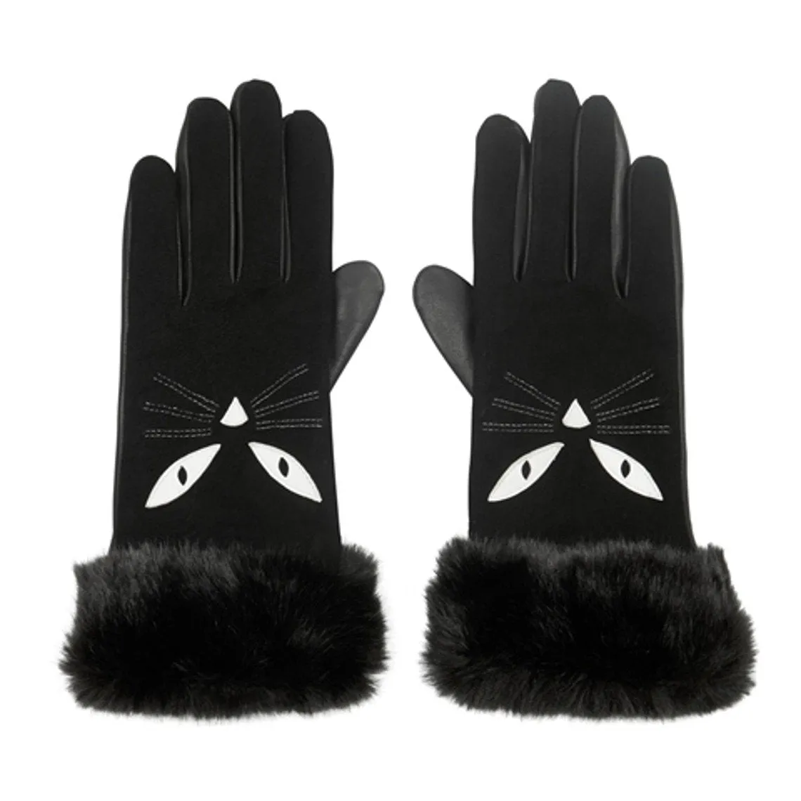 Black Leather Cat Gloves with Faux Fur Trim From Alice Hannah