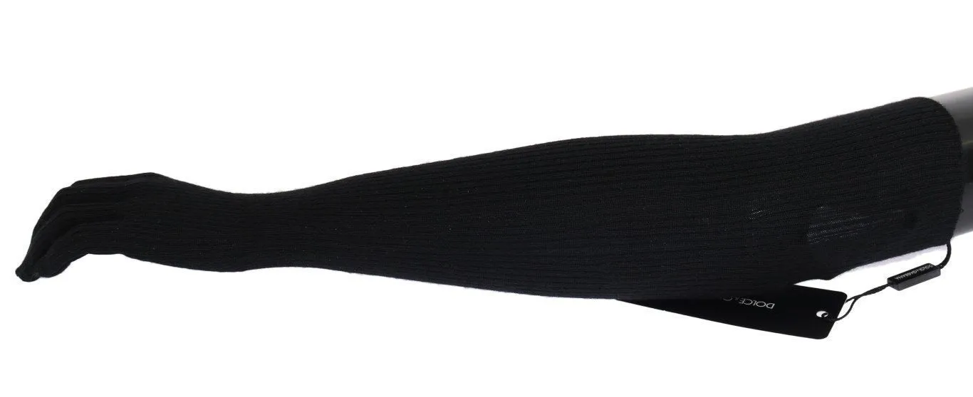 Black Ribbed Cashmere Elbow Long Gloves