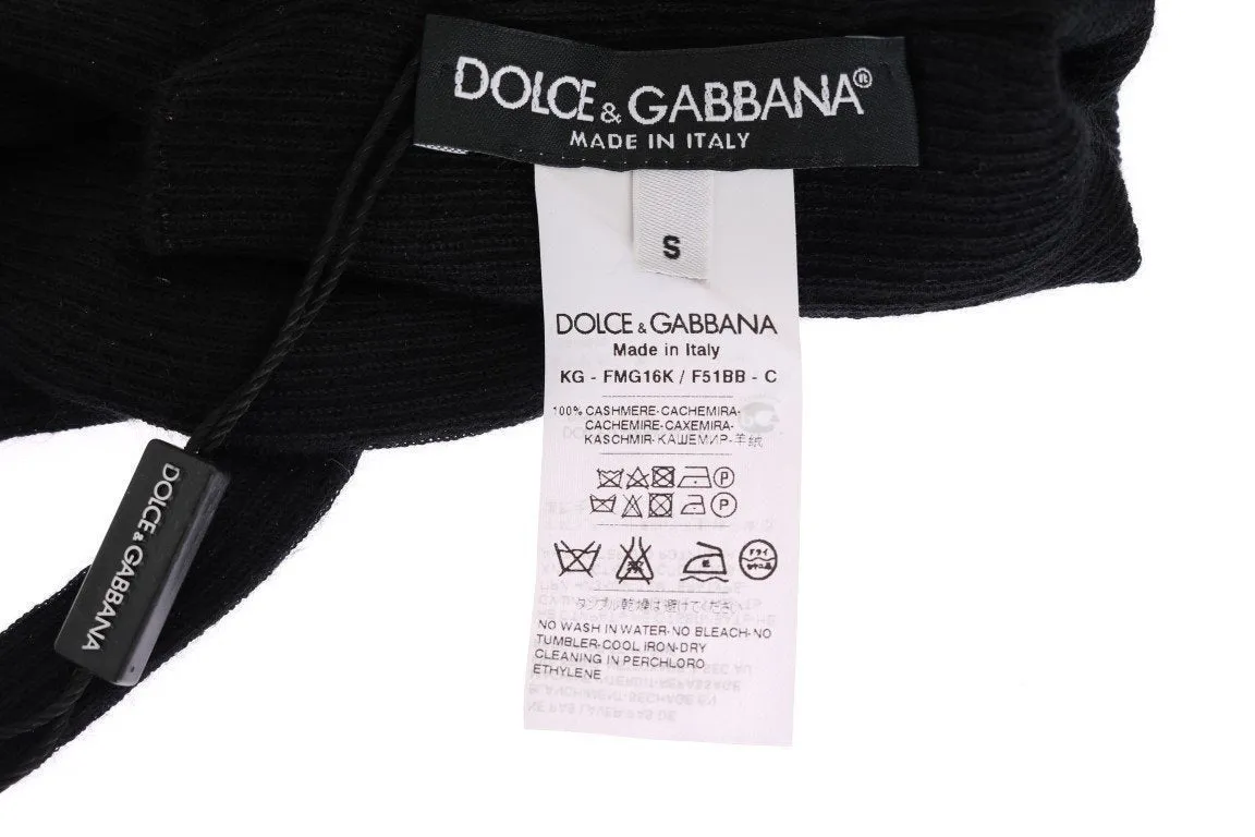 Black Ribbed Cashmere Elbow Long Gloves