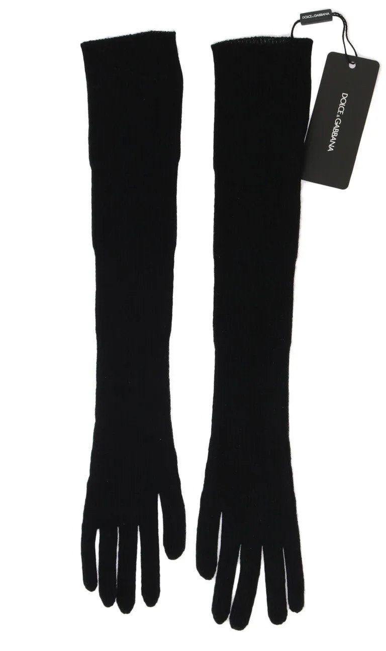 Black Ribbed Cashmere Elbow Long Gloves