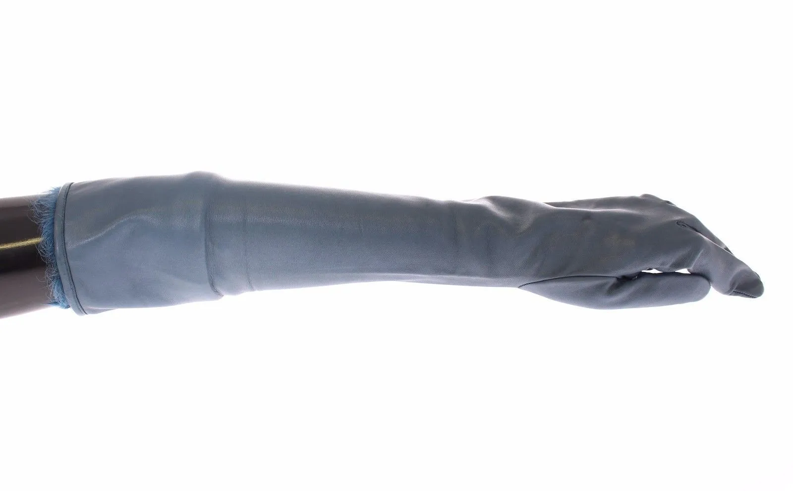 Blue Lambskin Leather Fur Logo Wrist Gloves