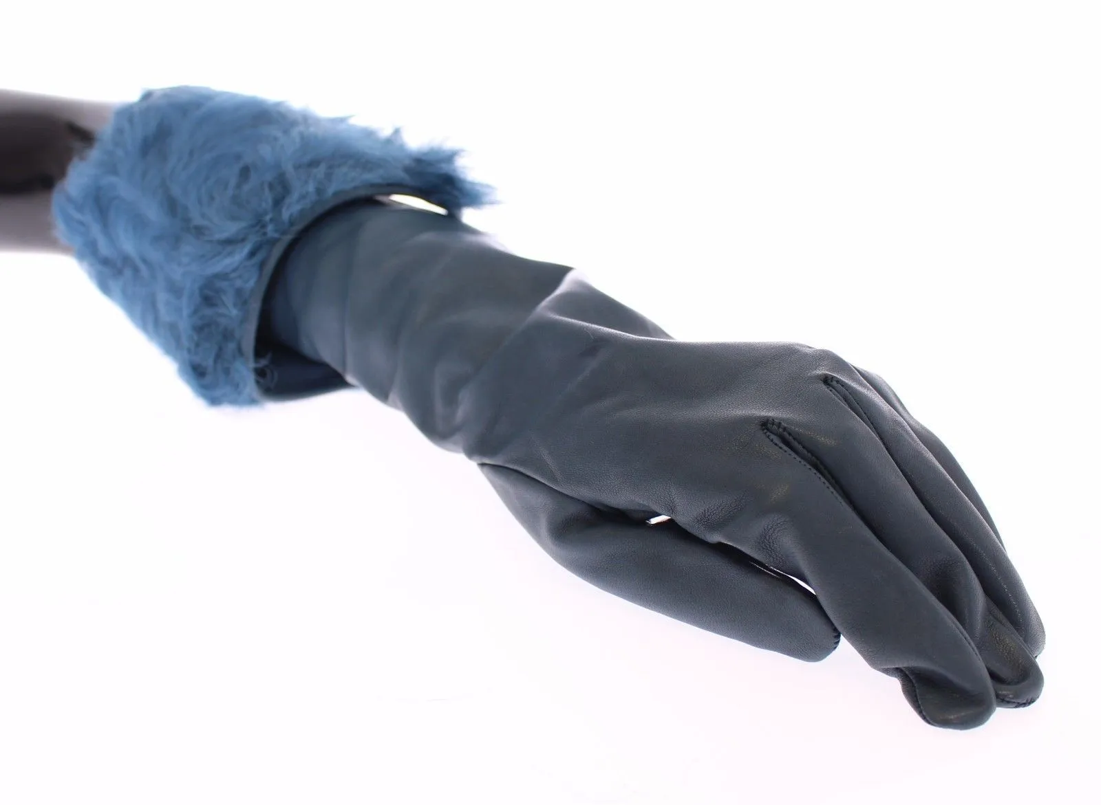 Blue Lambskin Leather Fur Logo Wrist Gloves