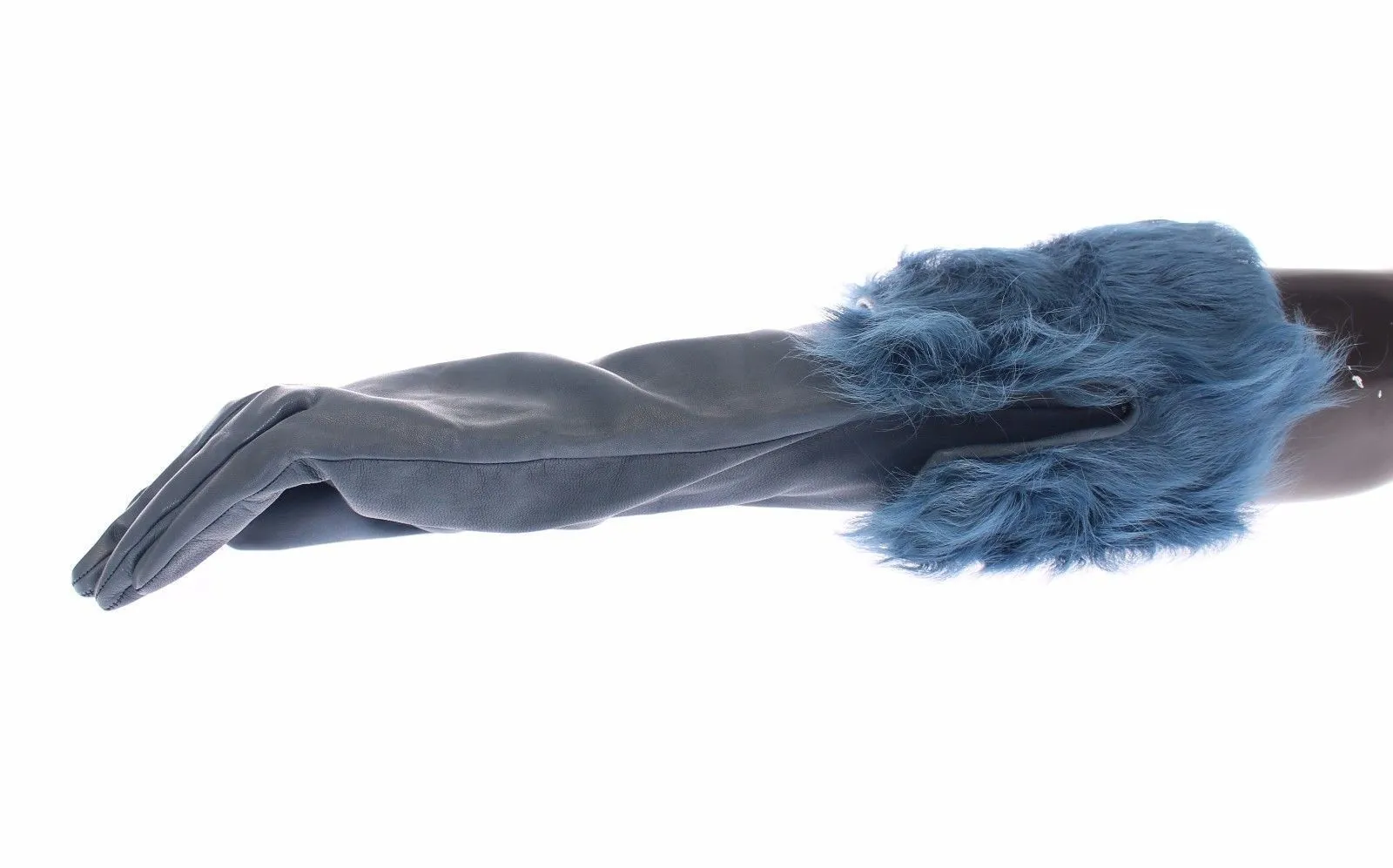 Blue Lambskin Leather Fur Logo Wrist Gloves