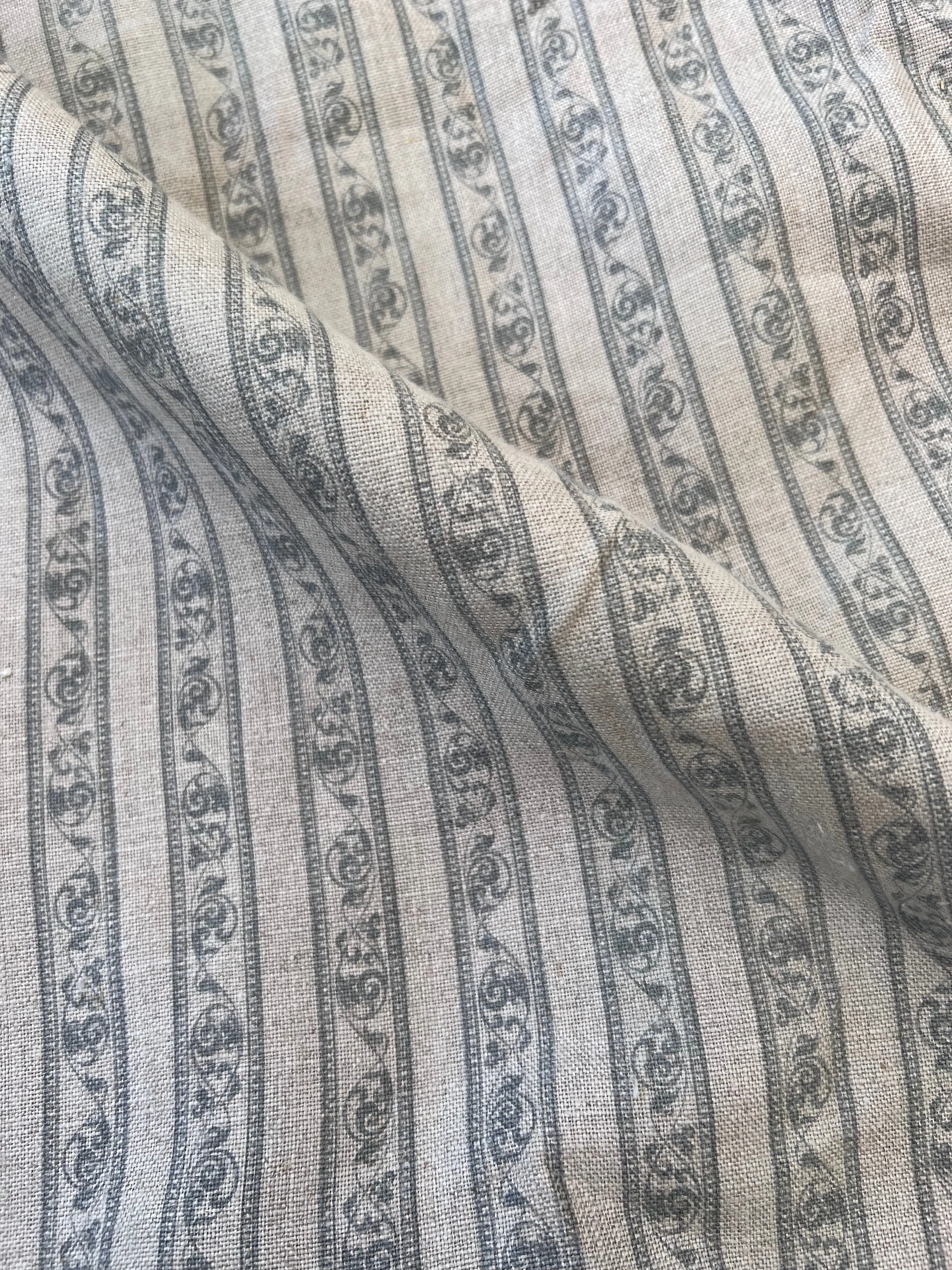 Blue Striped Floral Vintage Printed Linen 260gsm