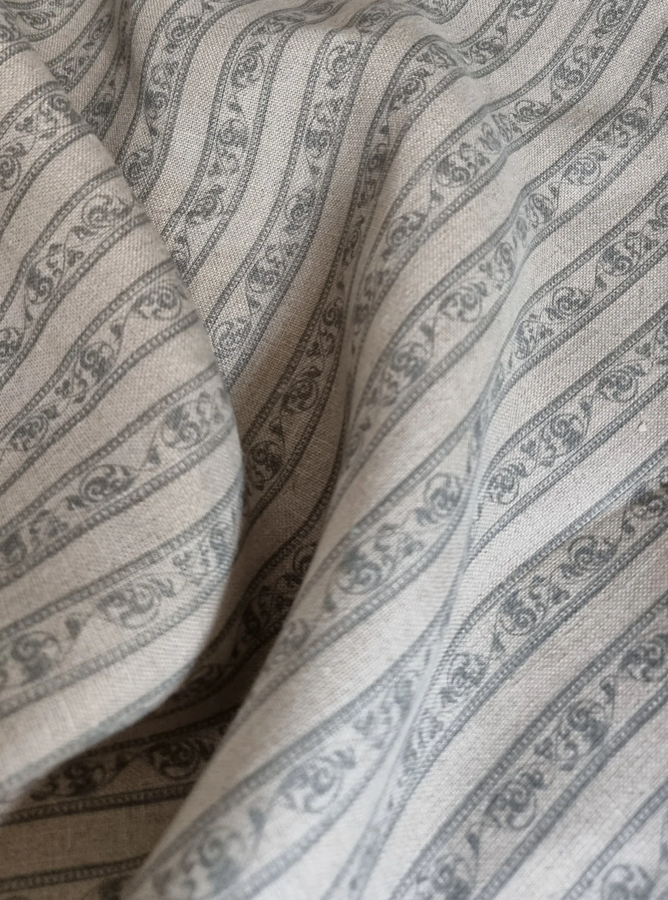 Blue Striped Floral Vintage Printed Linen 260gsm