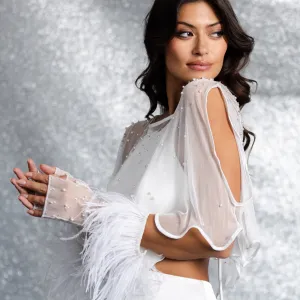 Bridal Fingerless Gloves w. Hand Beaded Pearls & Crystals & Ostrich Cuff