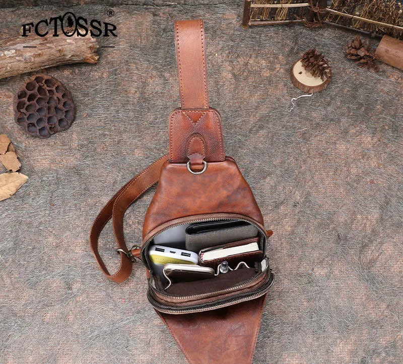 Brown Mens Sling Bag Vintage Leather Chest Bag Crossbody Pack for Men