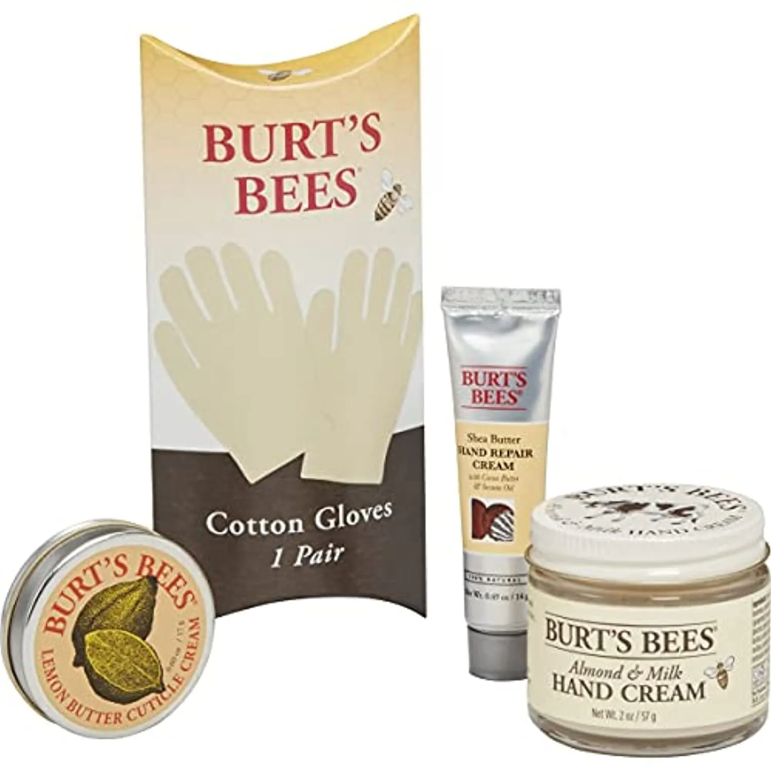 Burt's Bees Gift Set, 3 Hand Repair Moisturizing Products - Almond & Milk Cream, Lemon Butter Cuticle Cream, Shea Butter Cream, with Gloves