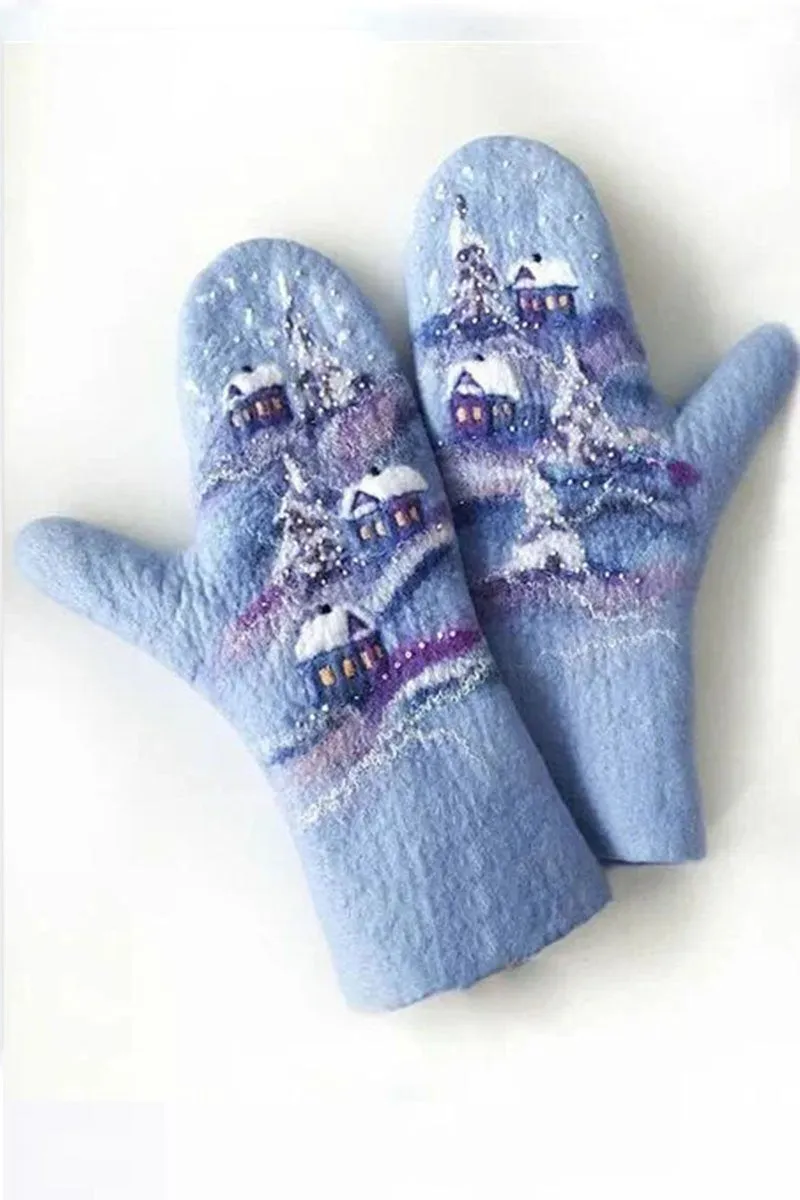 Cashmere Thick Printed Winter Warm Christmas Gloves