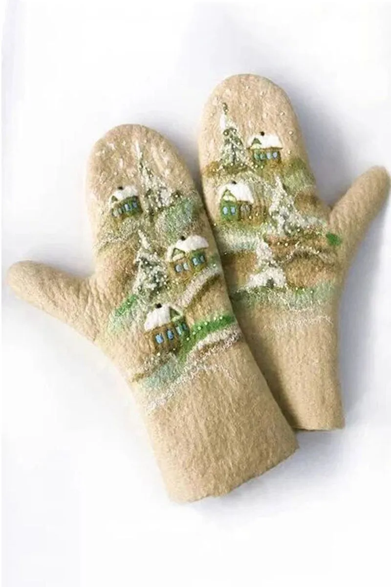 Cashmere Thick Printed Winter Warm Christmas Gloves