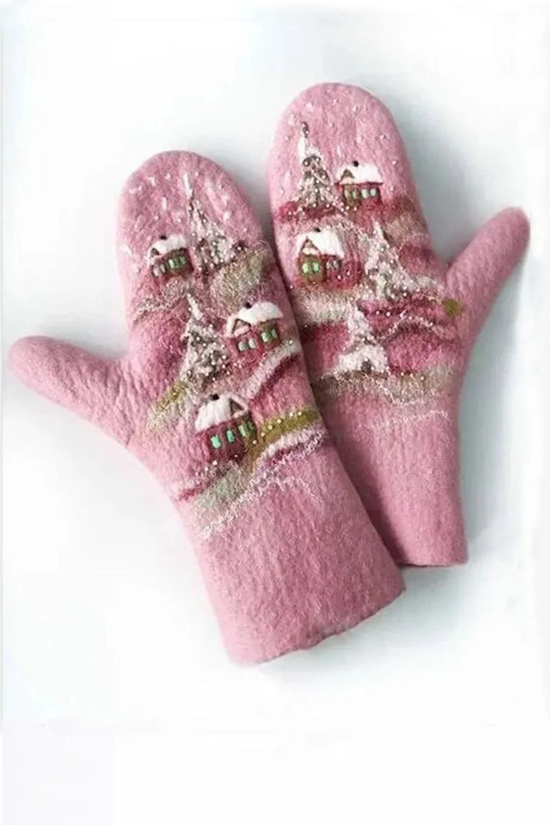 Cashmere Thick Printed Winter Warm Christmas Gloves