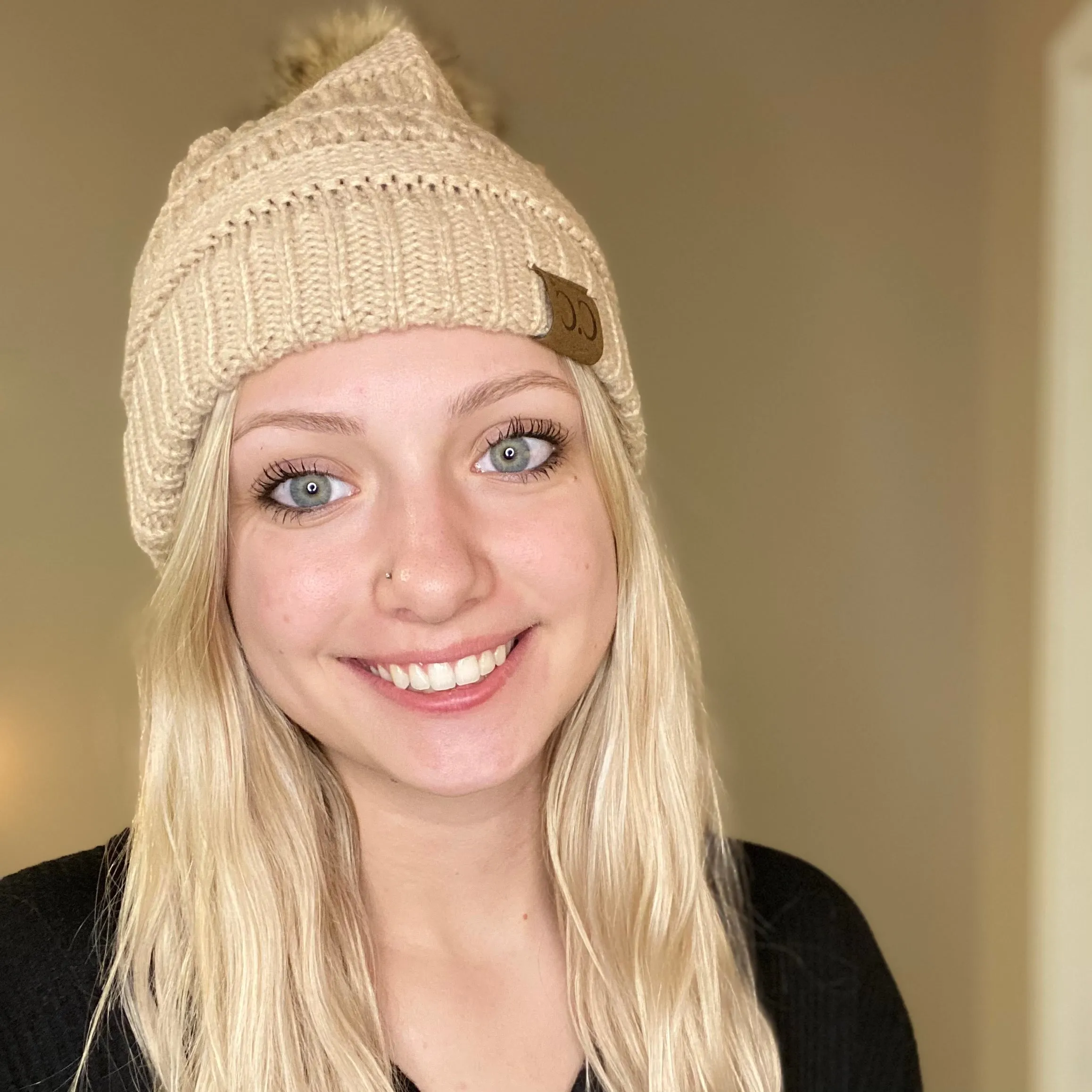CC Knitted Beanie with Faux Fur Pom