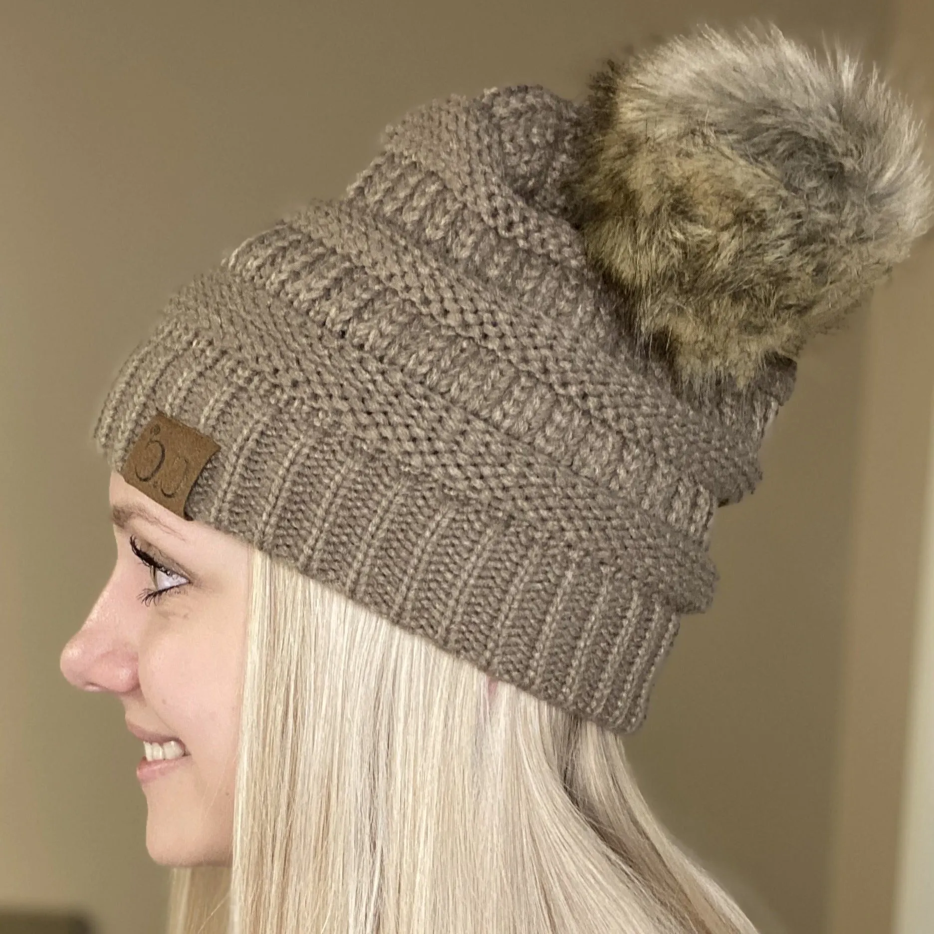 CC Knitted Beanie with Faux Fur Pom
