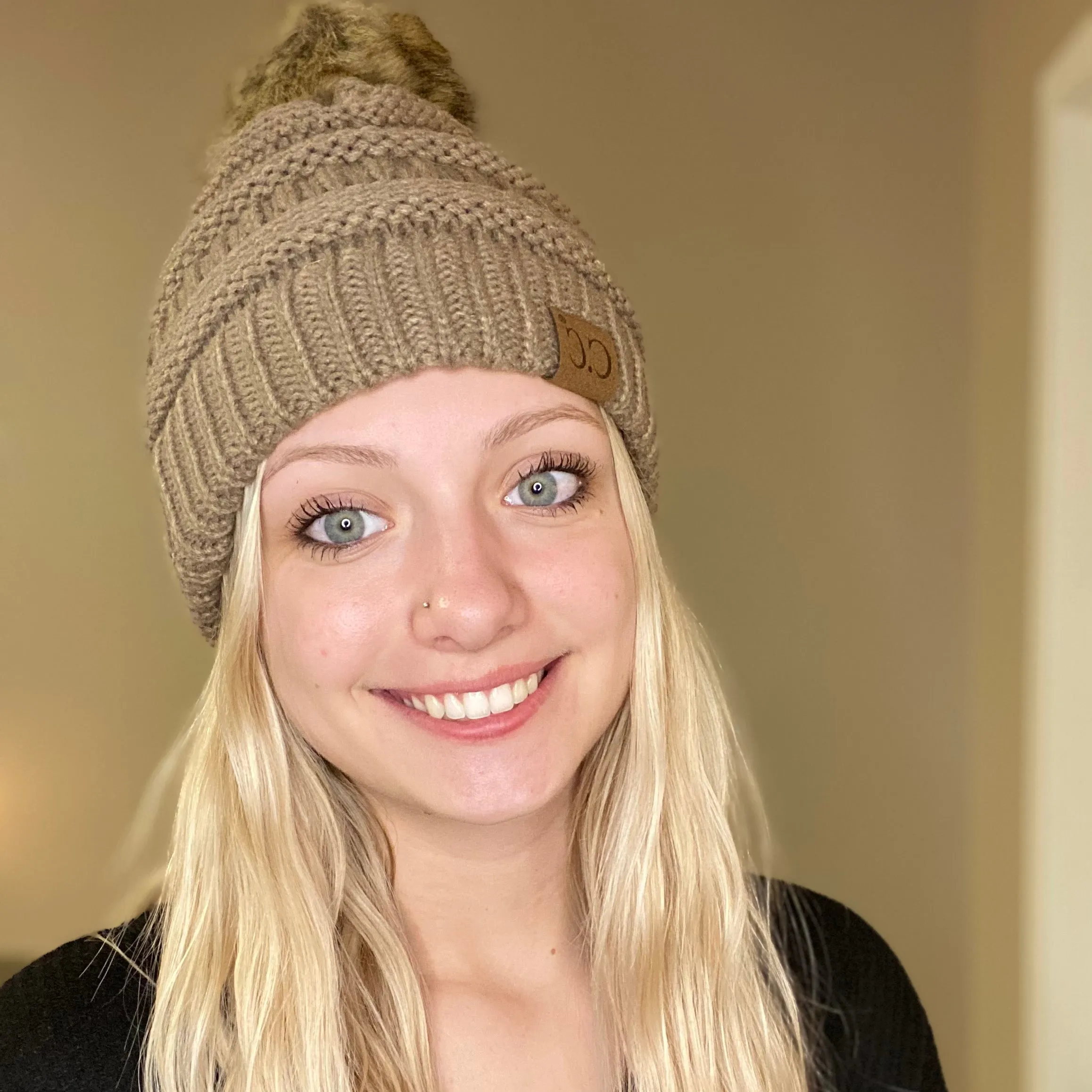 CC Knitted Beanie with Faux Fur Pom