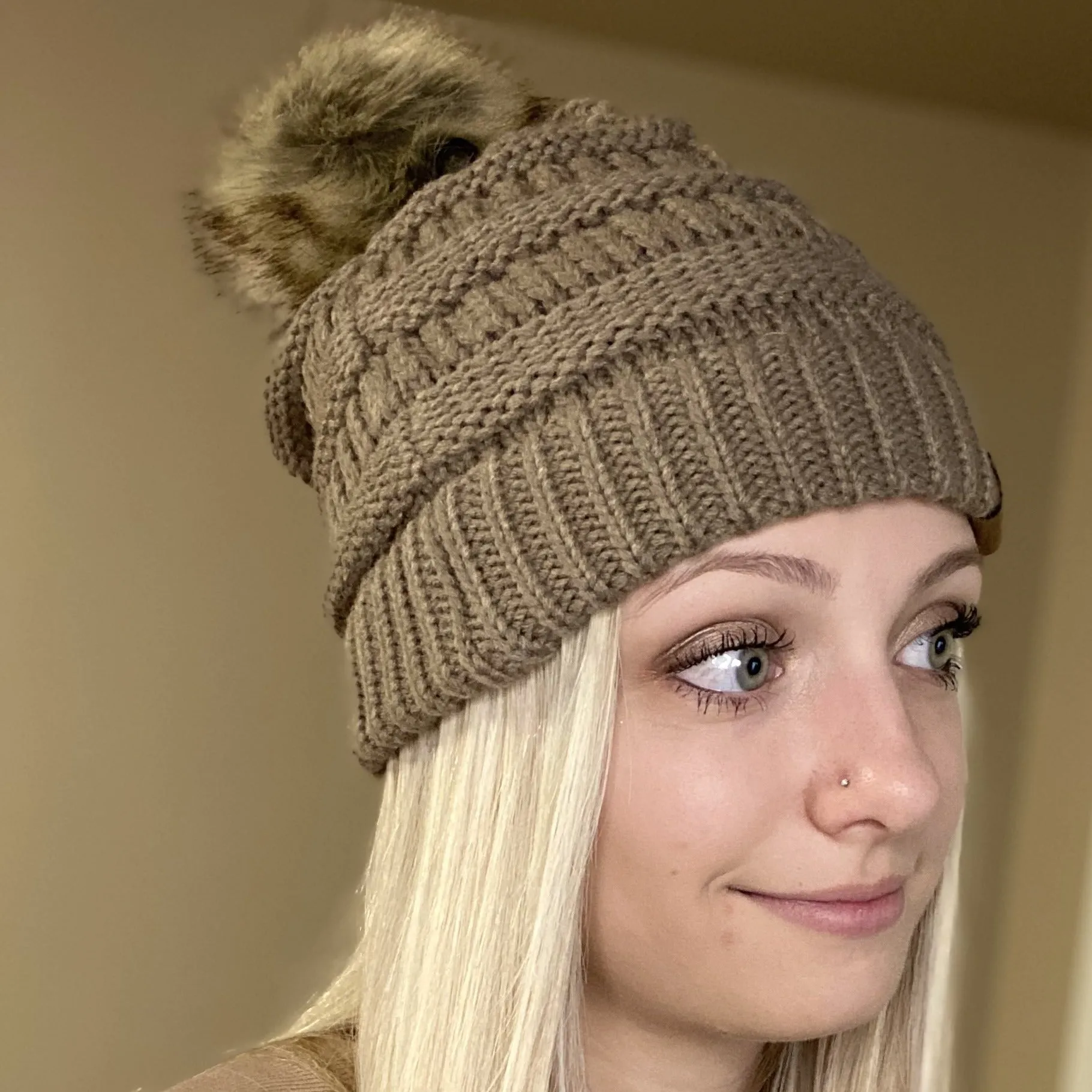 CC Knitted Beanie with Faux Fur Pom
