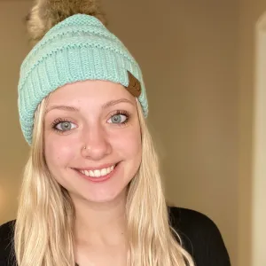 CC Knitted Beanie with Faux Fur Pom