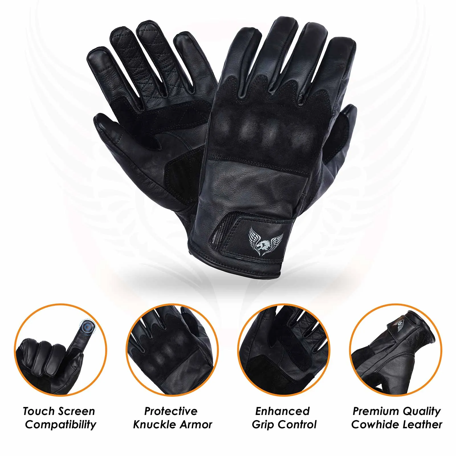 CE Certified Black Leather Motorcycle Gloves