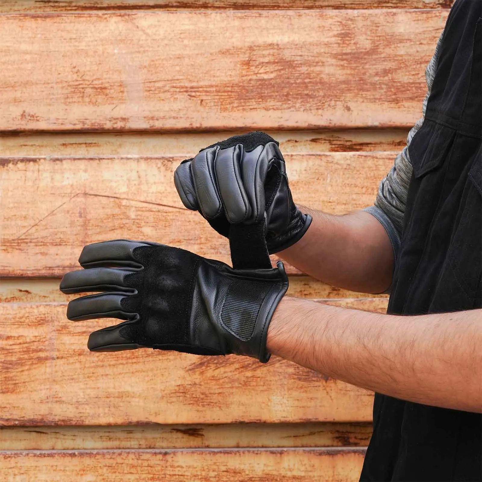 CE Certified Black Leather Motorcycle Gloves