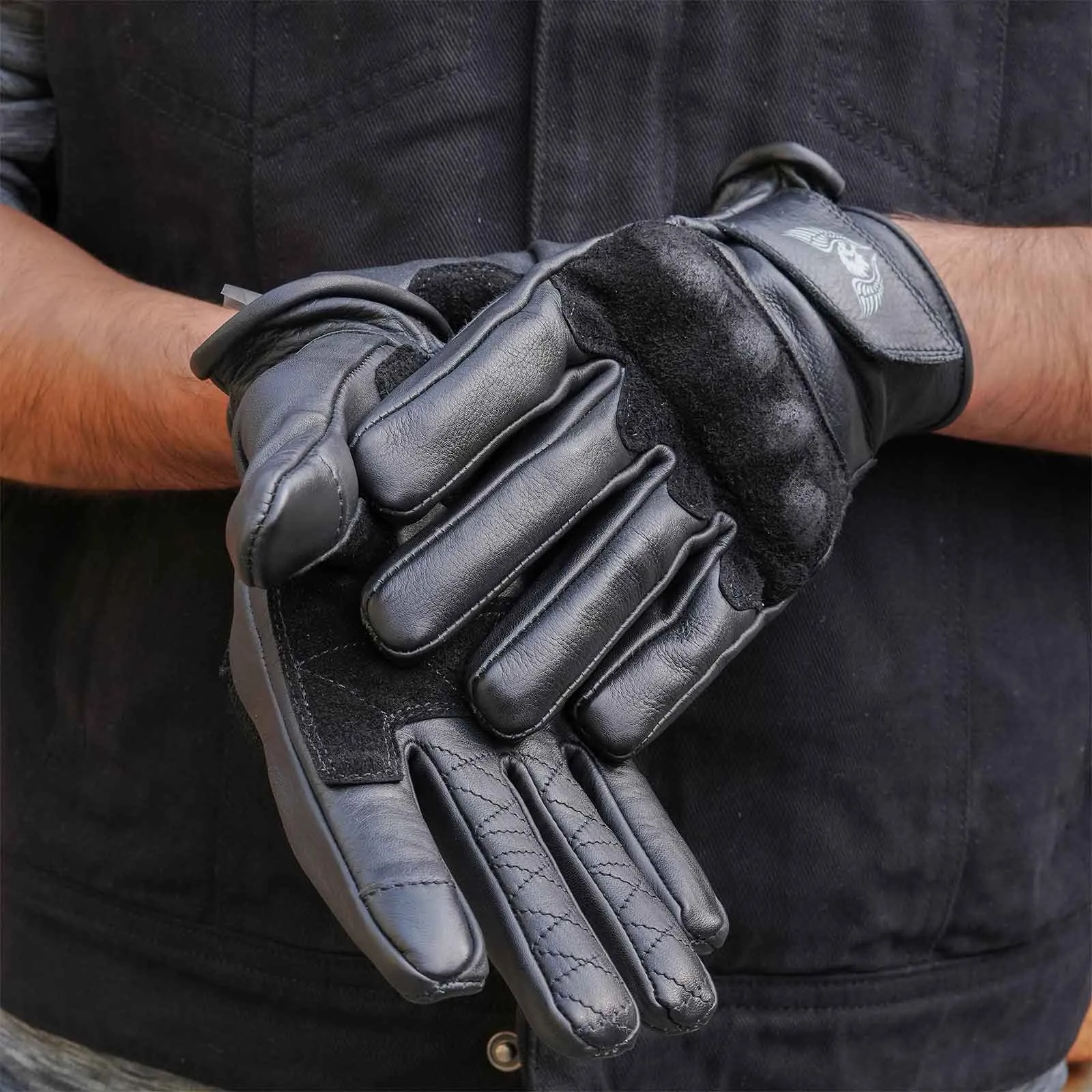 CE Certified Black Leather Motorcycle Gloves