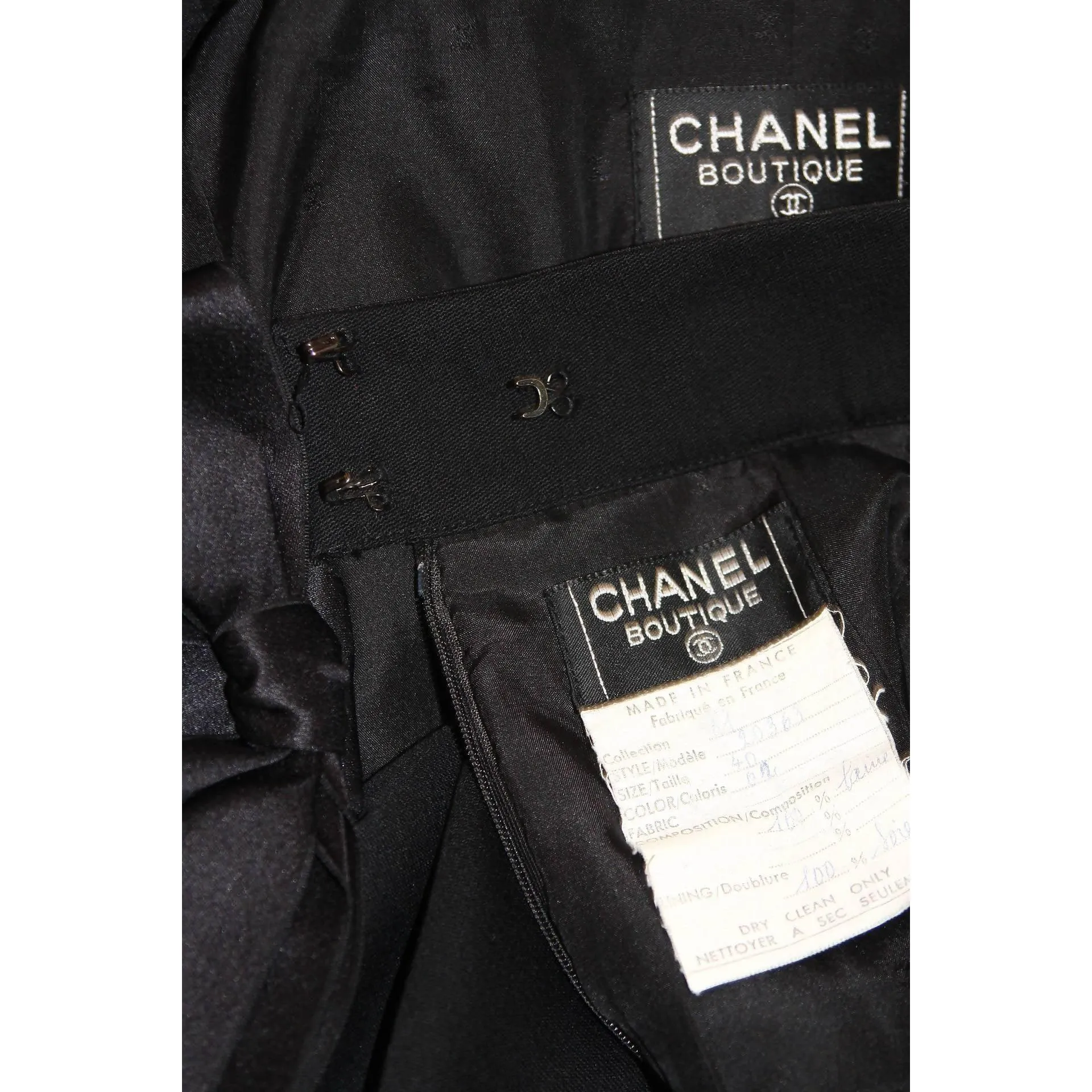 CHANEL 1990's Black Wool Silk Ribbon Jacket and Skirt Suit | Size FR 36