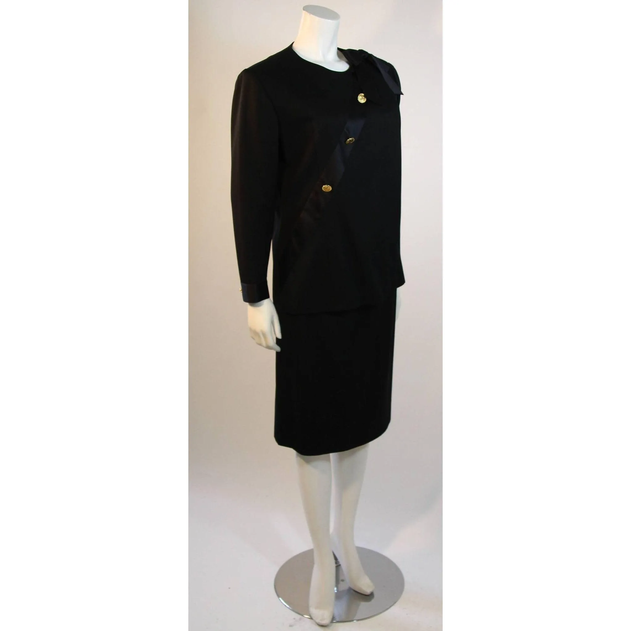 CHANEL 1990's Black Wool Silk Ribbon Jacket and Skirt Suit | Size FR 36