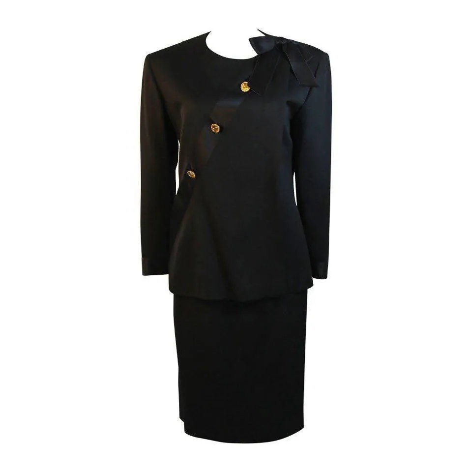 CHANEL 1990's Black Wool Silk Ribbon Jacket and Skirt Suit | Size FR 36