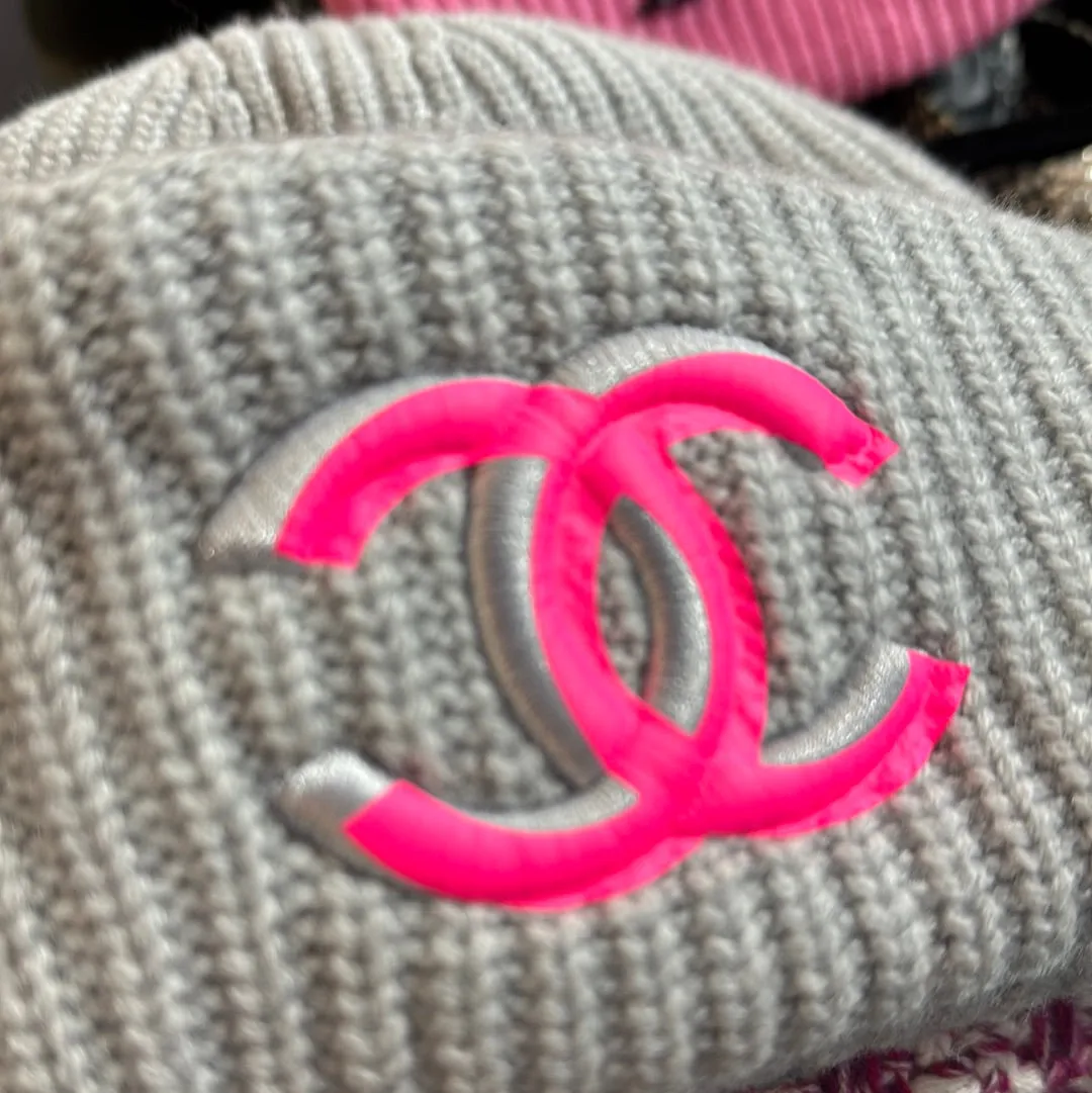 Chanel Grey Knit Beanie with Neon Pink CC