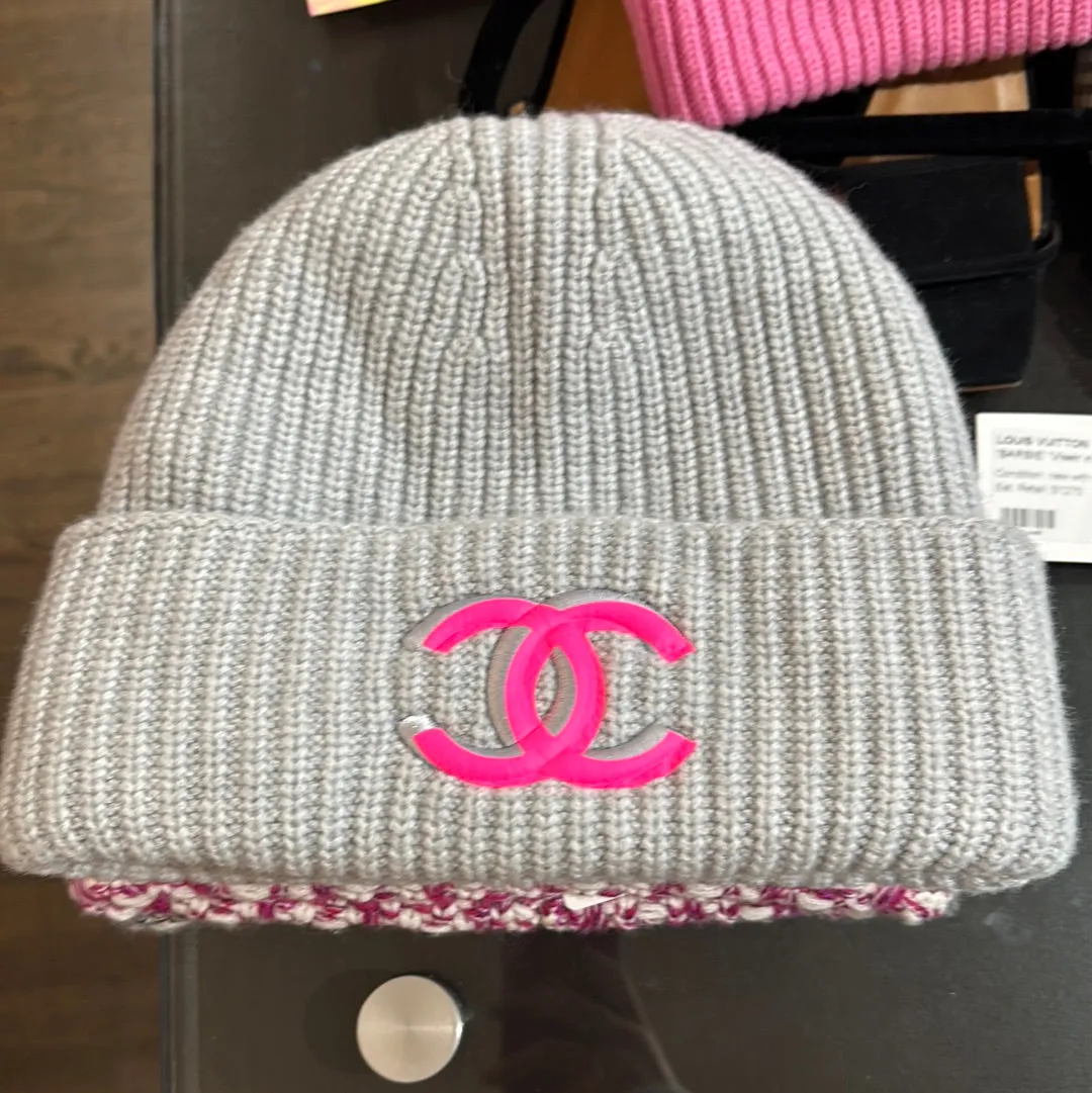 Chanel Grey Knit Beanie with Neon Pink CC