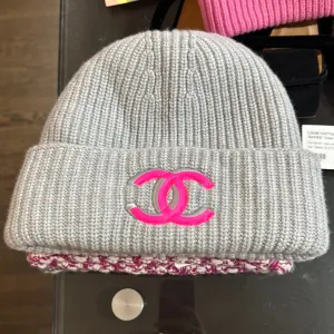 Chanel Grey Knit Beanie with Neon Pink CC