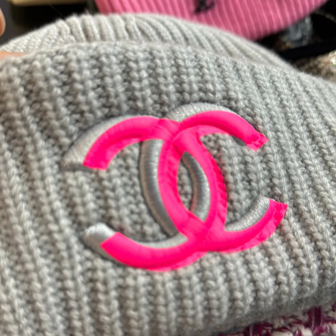 Chanel Grey Knit Beanie with Neon Pink CC