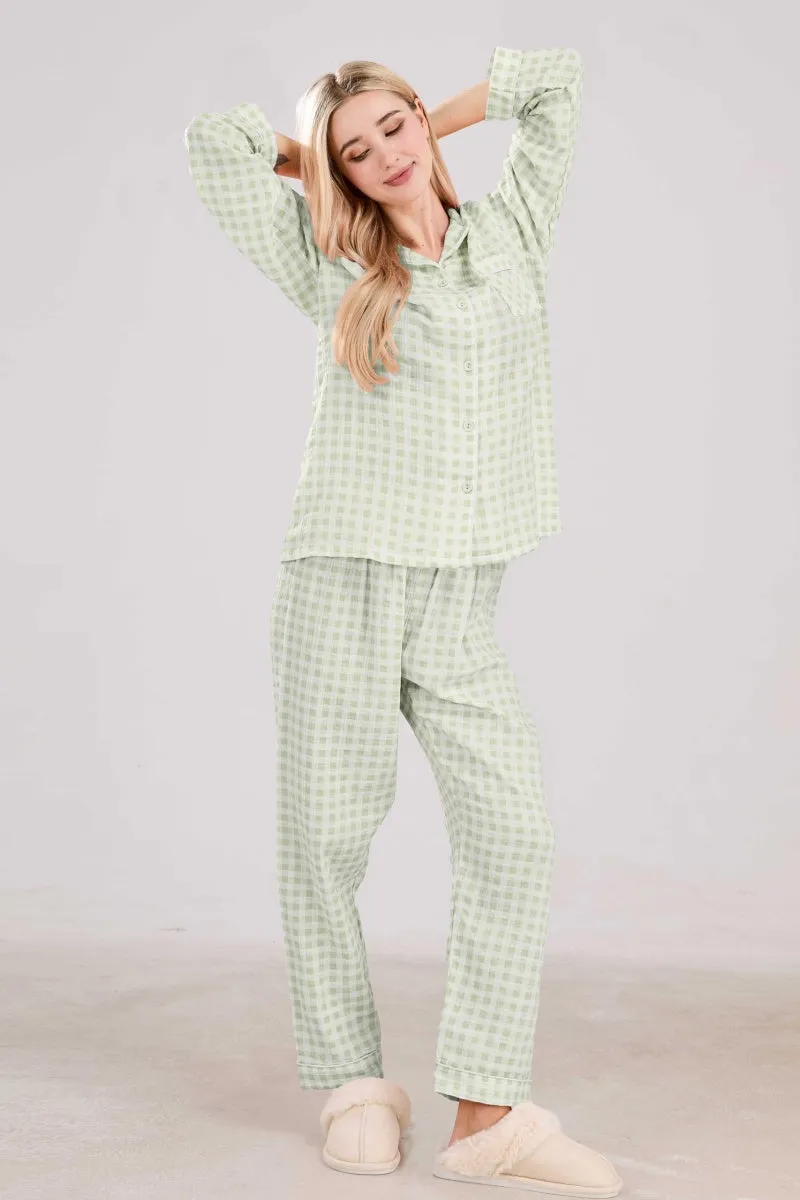 Chouyatou Cotton Pajama Sets Long Sleeve Button Down Shirt and Pants Sleepwear 2 Piece Gingham Pj Set
