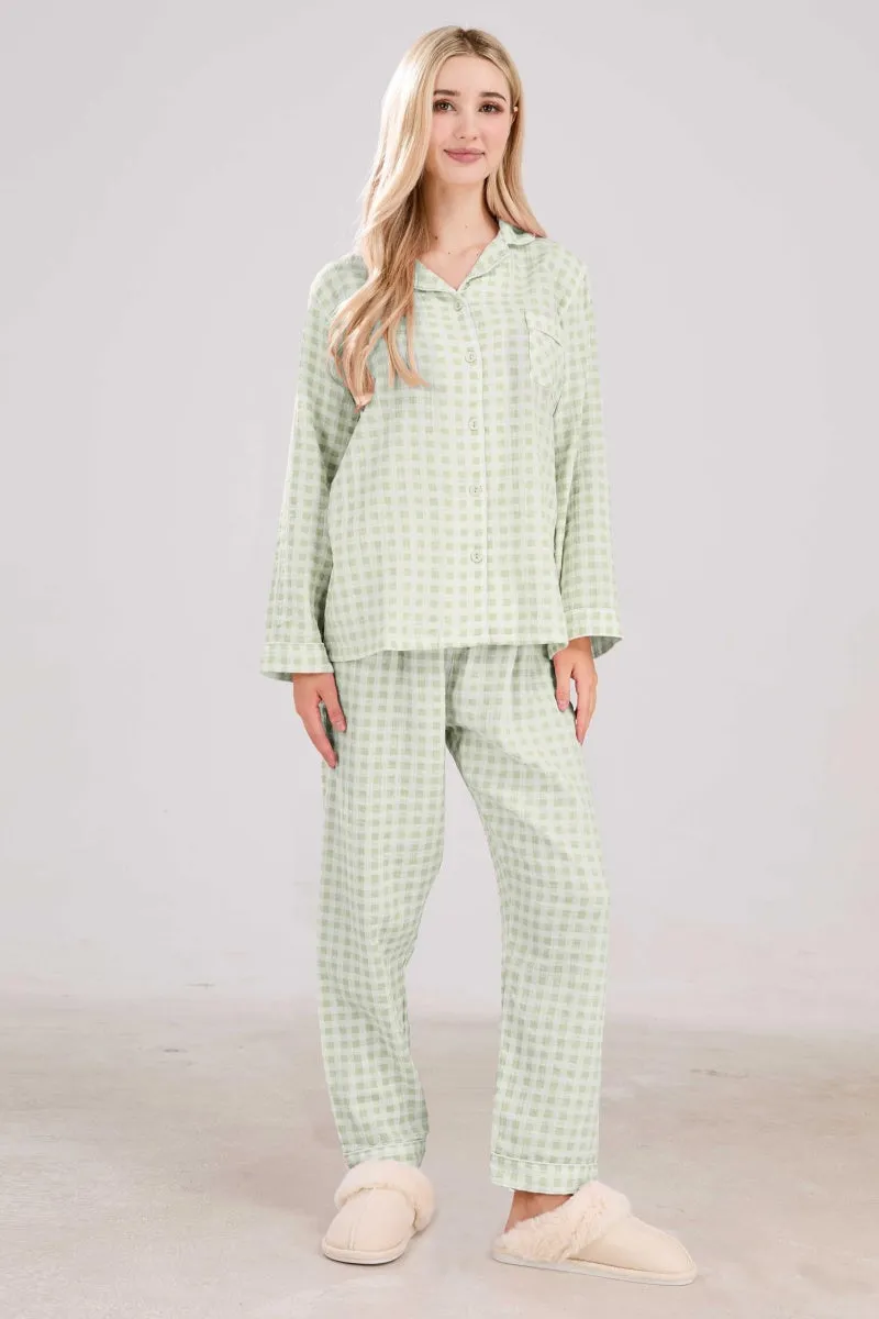 Chouyatou Cotton Pajama Sets Long Sleeve Button Down Shirt and Pants Sleepwear 2 Piece Gingham Pj Set