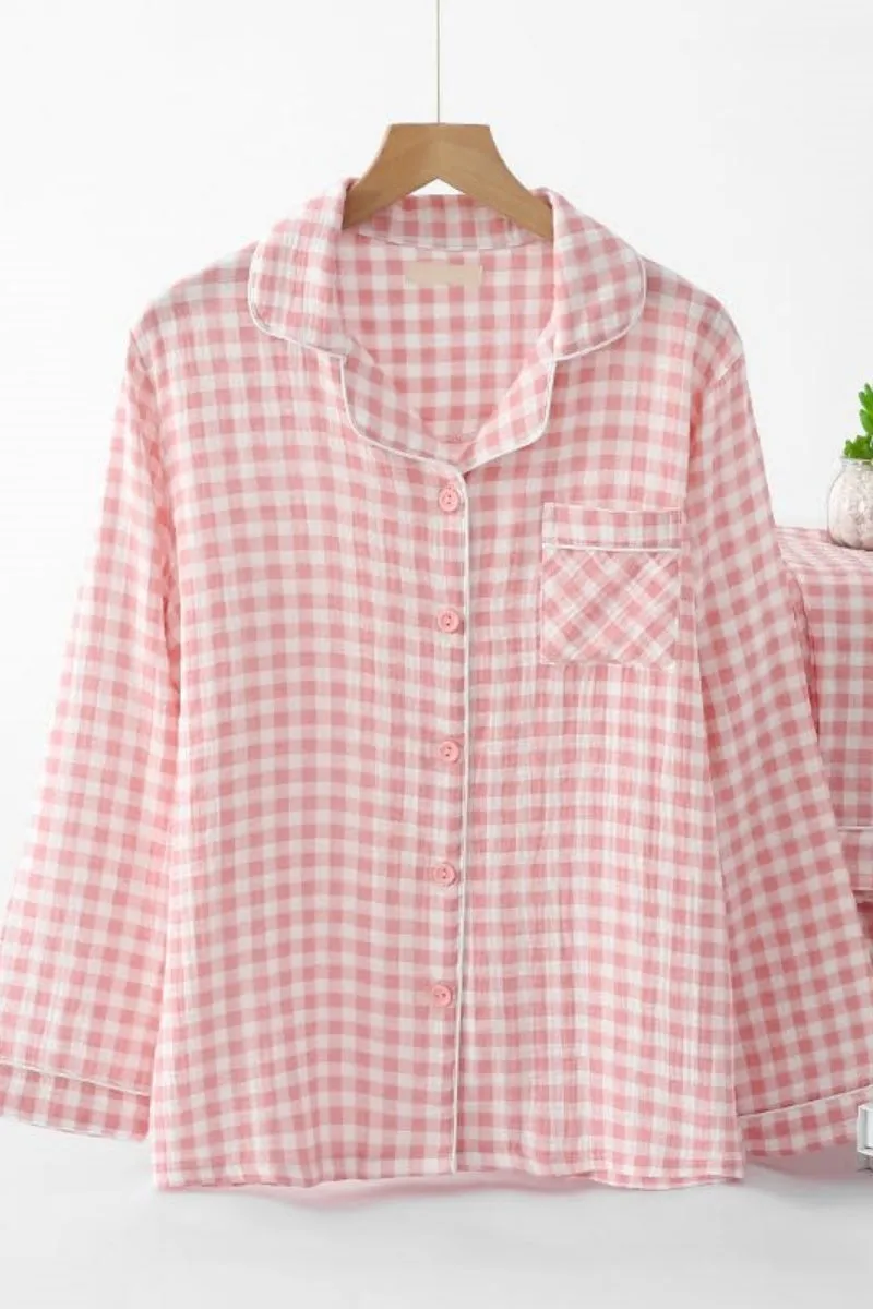 Chouyatou Cotton Pajama Sets Long Sleeve Button Down Shirt and Pants Sleepwear 2 Piece Gingham Pj Set