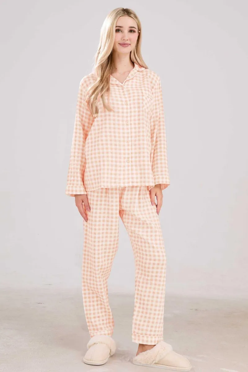 Chouyatou Cotton Pajama Sets Long Sleeve Button Down Shirt and Pants Sleepwear 2 Piece Gingham Pj Set