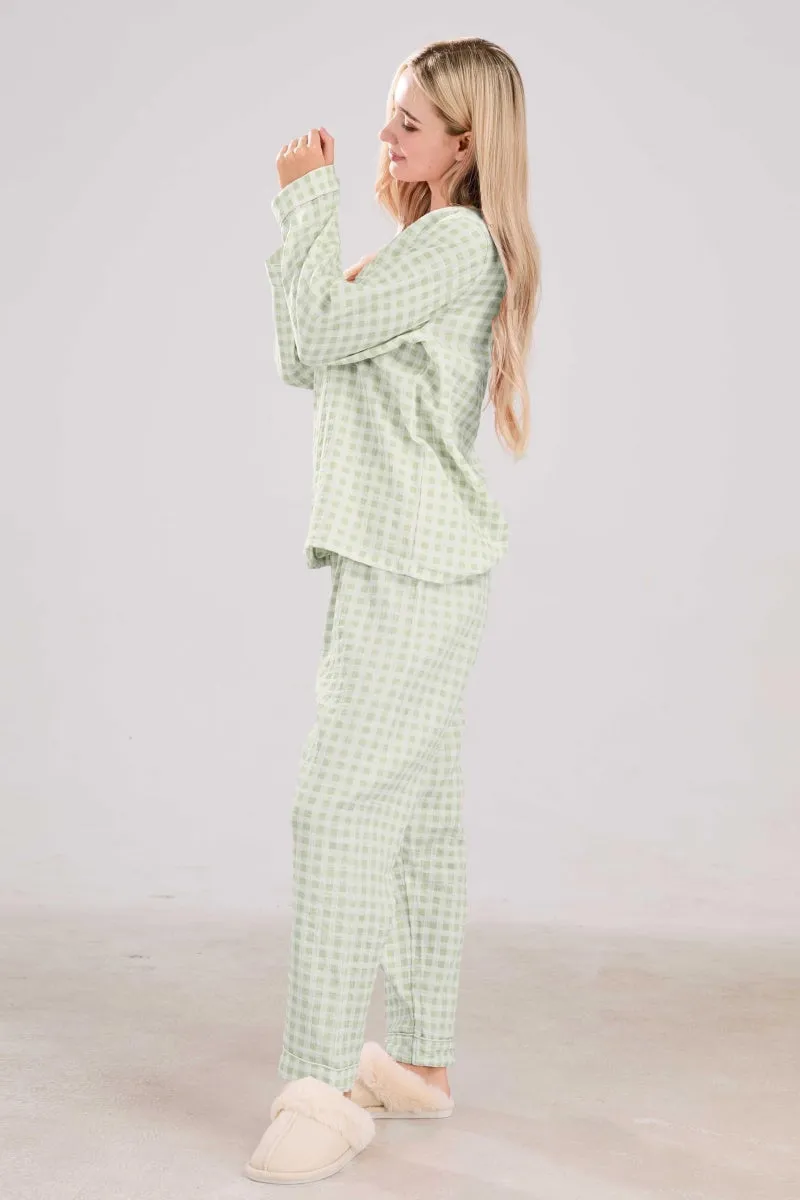 Chouyatou Cotton Pajama Sets Long Sleeve Button Down Shirt and Pants Sleepwear 2 Piece Gingham Pj Set