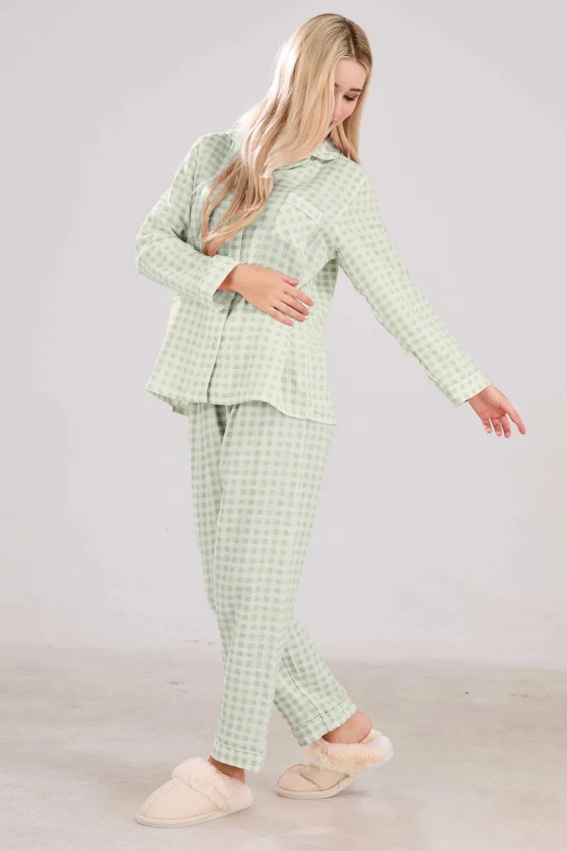 Chouyatou Cotton Pajama Sets Long Sleeve Button Down Shirt and Pants Sleepwear 2 Piece Gingham Pj Set
