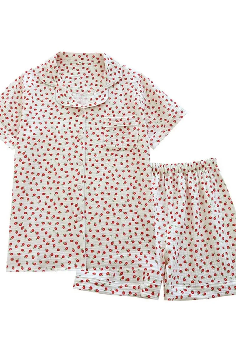 Chouyatou Womens Cute Pajama Set Short Sleeve Button Up Shirt and Shorts 2 Piece Cotton Pj Sets