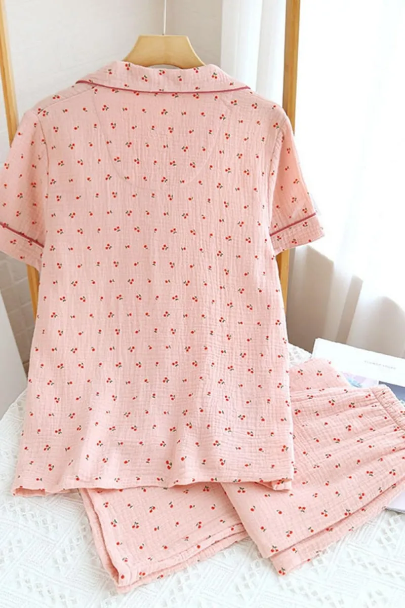 Chouyatou Womens Cute Pajama Set Short Sleeve Button Up Shirt and Shorts 2 Piece Cotton Pj Sets