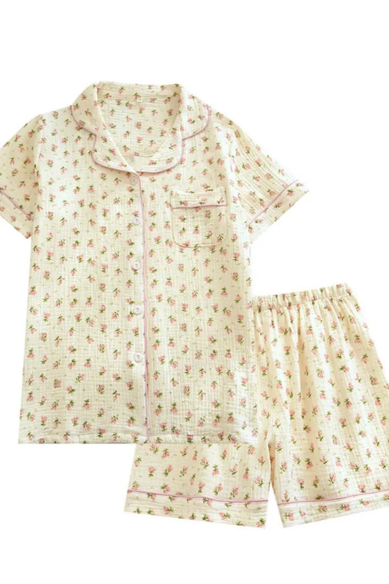 Chouyatou Womens Cute Pajama Set Short Sleeve Button Up Shirt and Shorts 2 Piece Cotton Pj Sets