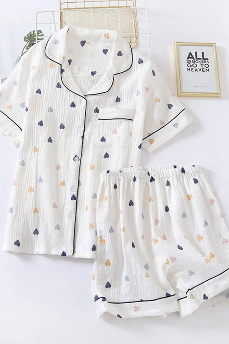 Chouyatou Womens Cute Pajama Set Short Sleeve Button Up Shirt and Shorts 2 Piece Cotton Pj Sets