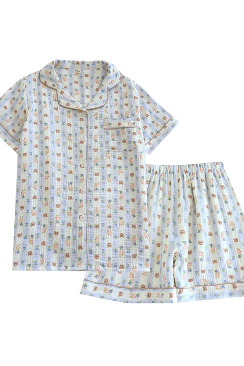 Chouyatou Womens Cute Pajama Set Short Sleeve Button Up Shirt and Shorts 2 Piece Cotton Pj Sets