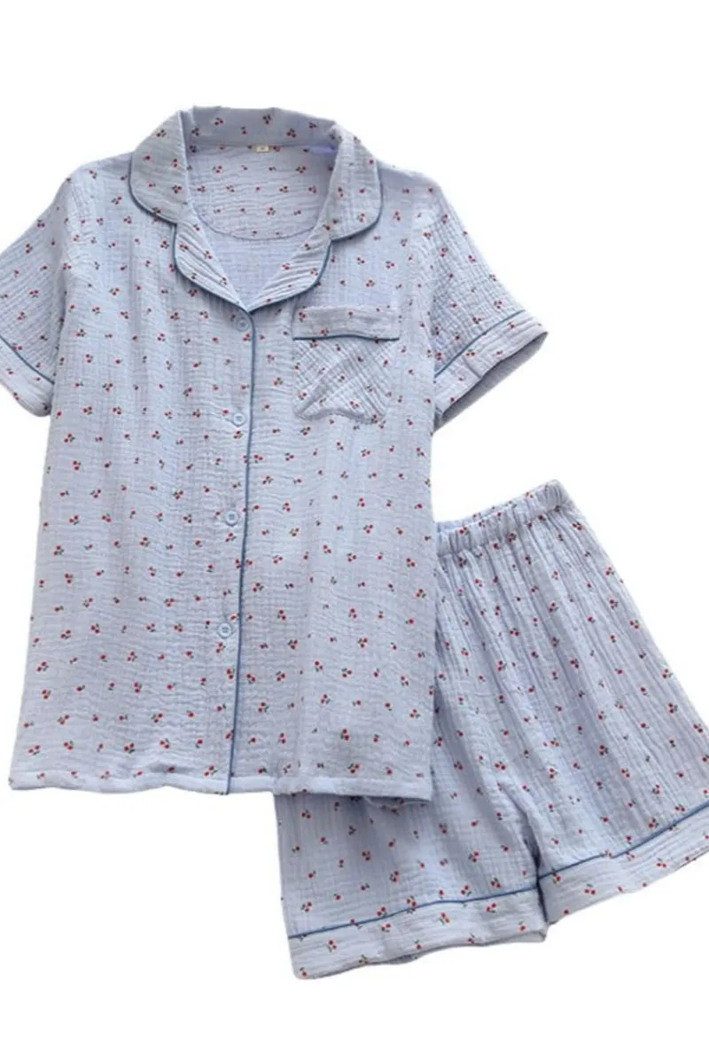 Chouyatou Womens Cute Pajama Set Short Sleeve Button Up Shirt and Shorts 2 Piece Cotton Pj Sets