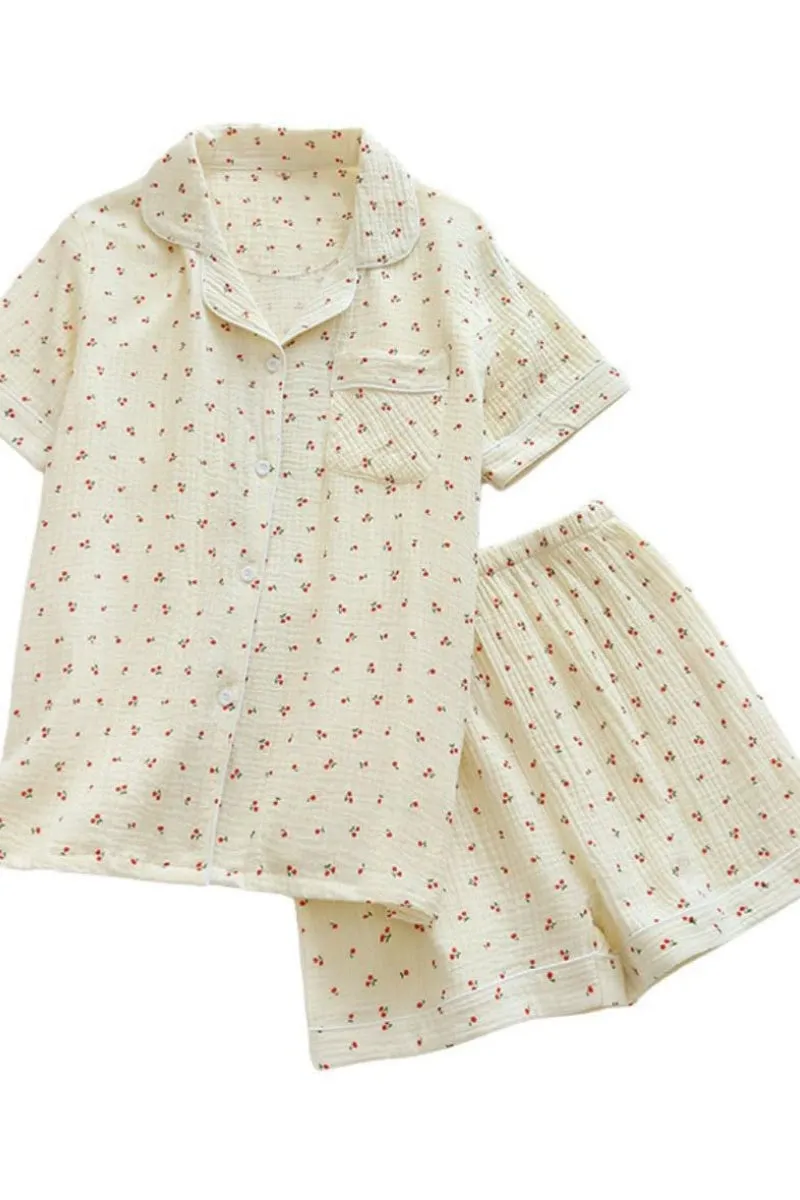 Chouyatou Womens Cute Pajama Set Short Sleeve Button Up Shirt and Shorts 2 Piece Cotton Pj Sets