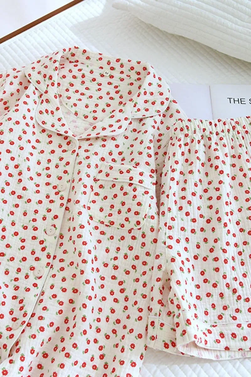 Chouyatou Womens Cute Pajama Set Short Sleeve Button Up Shirt and Shorts 2 Piece Cotton Pj Sets